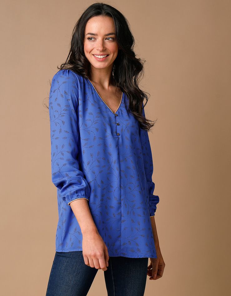 Blouse évasée détails dorés imprimé bicolore, crêpe (bleu dur / noir) Blouse évasée détails dorés imprimé bicolore, crêpe (bleu dur / noir)