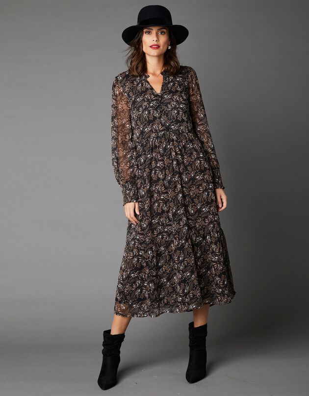 Robe mi-longue volantée imprimée (noir / beige)