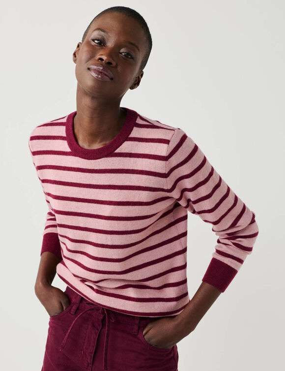 Pull ray&eacute; col rond, laine d'agneau (bordeaux / rose poudr&eacute;)