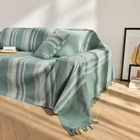 Plaid jet&eacute; multicolore coton tissage artisanal (eucalyptus)