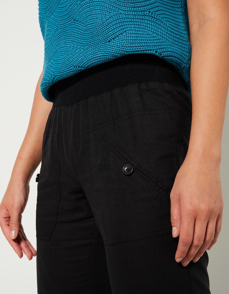 Pantalon coupe droite 7/8ème taille élastiquée, lin coton (noir) Pantalon coupe droite 7/8ème taille élastiquée, lin coton (noir)