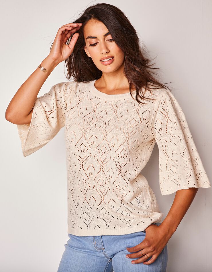 Pull col bateau, maille fantaisie (naturel) Pull col bateau, maille fantaisie (naturel)