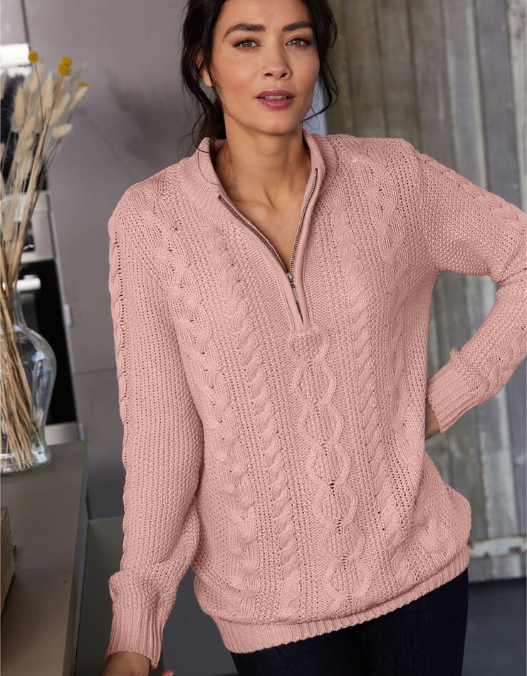Pull col montant zippé maille torsadée toucher cachemire (rose poudré) Pull col montant zippé maille torsadée toucher cachemire (rose poudré)