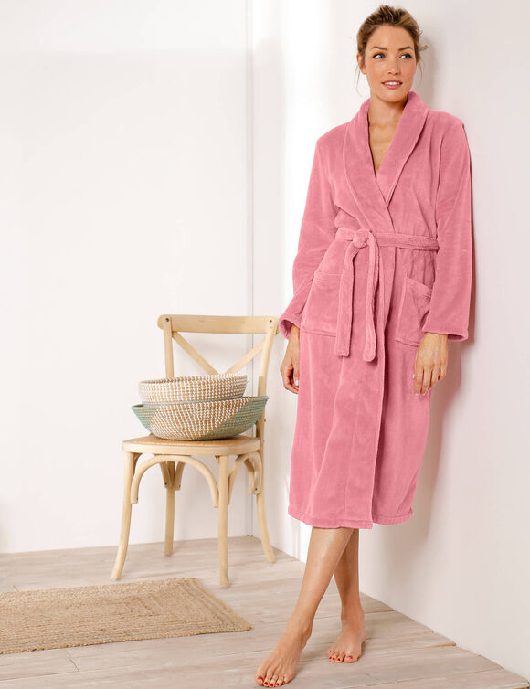 Peignoir polaire toucher peluche manches longues, longueur 115 cm (rose poudré)
