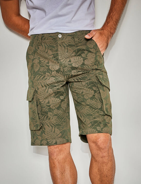 Bermuda toile imprimé feuillage (kaki foncé)