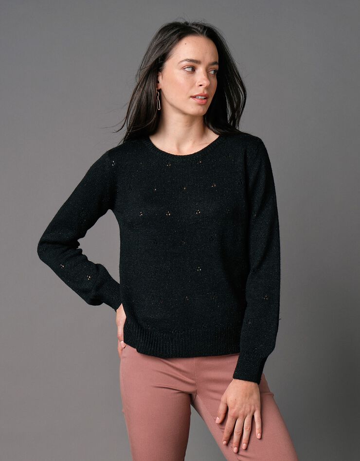Pull col rond, maille pointelle toucher mohair (noir) Pull col rond, maille pointelle toucher mohair (noir)