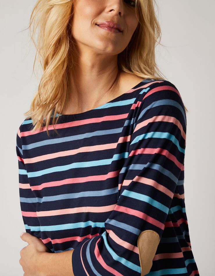 Tee-shirt marinière rayé coudières coeur, fils tissés-teints (marine / multicolore) Tee-shirt marinière rayé coudières coeur, fils tissés-teints (marine / multicolore)