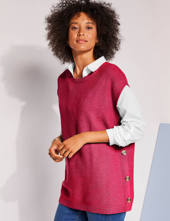 Pull-tunique sans manches à boutons effet corne, maille fantaisie (framboise)
