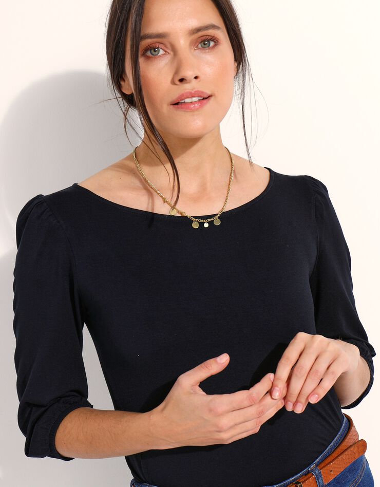 Tee-shirt uni manches coude, fronces épaules (noir) Tee-shirt uni manches coude, fronces épaules (noir)