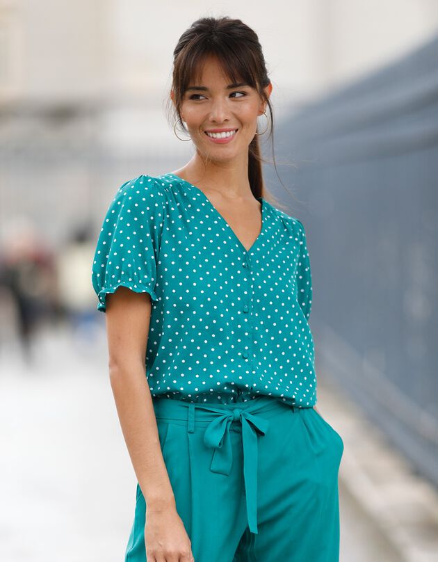 Blouse boutonnée manches blousantes imprimé pois (vert)