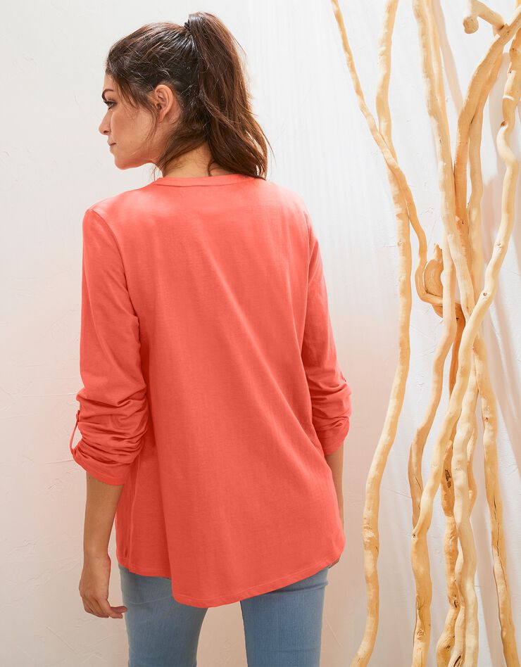Tee-shirt col tunisien manches longues, broderie anglaise (pêche) Tee-shirt col tunisien manches longues, broderie anglaise (pêche)