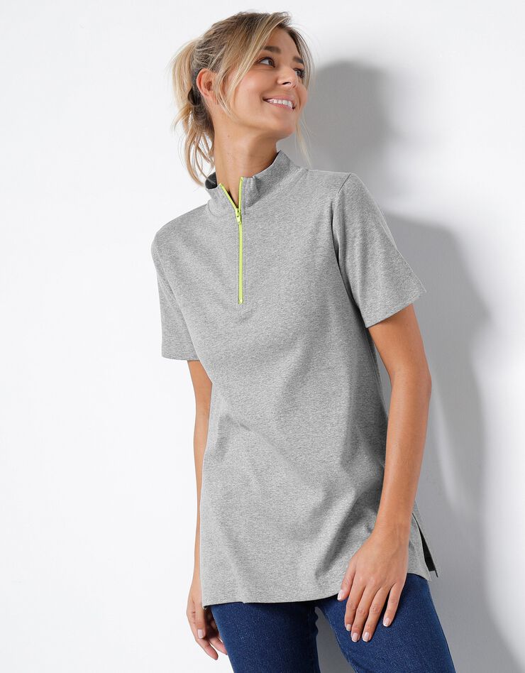 Tee-shirt coton manches courtes col zippé (gris chiné / anis)