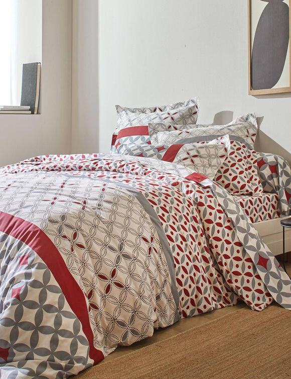 Linge de lit Marlow coton, imprimé géométrique (gris / rouge)
