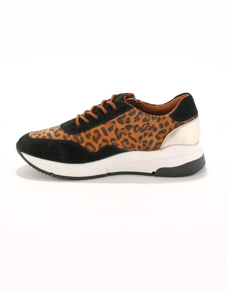 Baskets style running zippées en cuir bimatière - imprimé léopard (marron / noir) Baskets style running zippées en cuir bimatière - imprimé léopard (marron / noir)