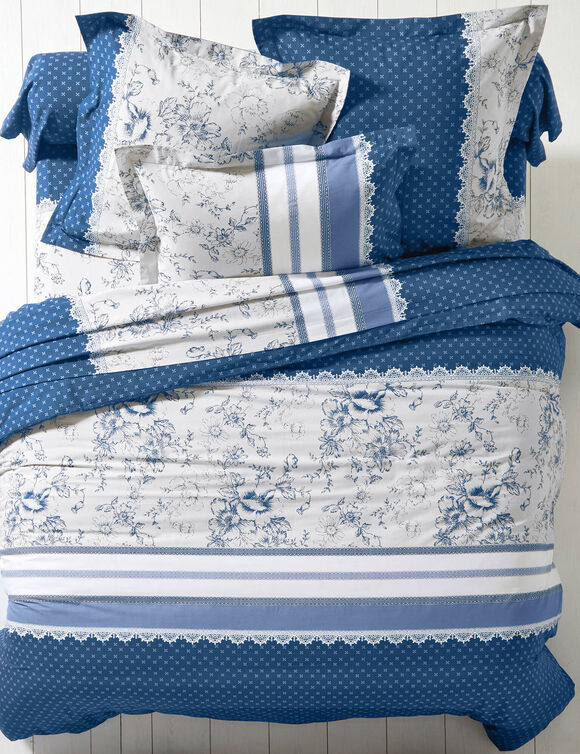 Linge de lit Gabrielle en coton imprimé pois, fleurs et dentelle (bleu marine)