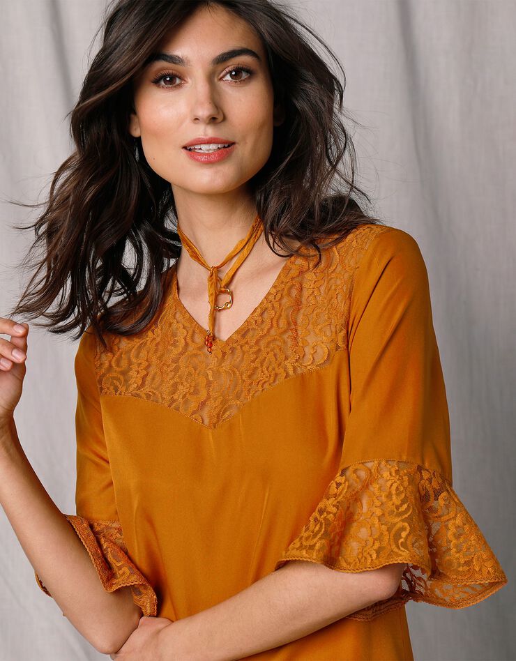 Blouse manches aux coudes dentelle et microfibre (ocre) Blouse manches aux coudes dentelle et microfibre (ocre)