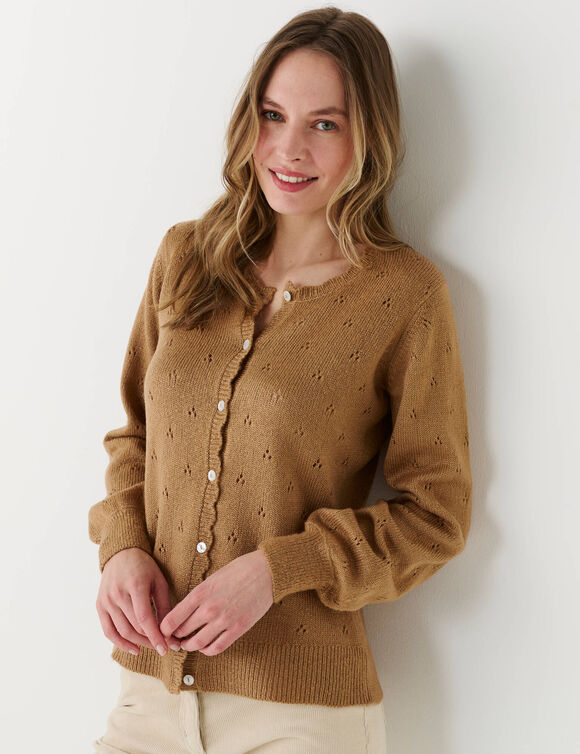 Gilet boutonn&eacute; finition &eacute;cailles, maille pointelle toucher doux (taupe)