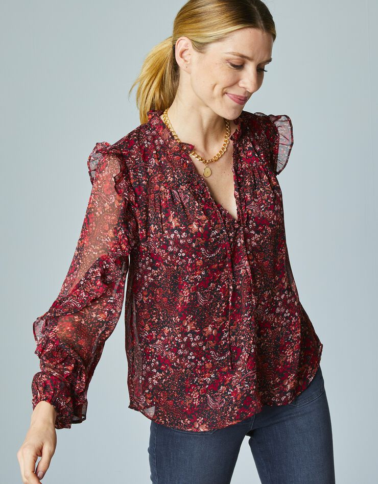 Blouse fleurie automnale en voile volanté (noir / terracotta) Blouse fleurie automnale en voile volanté (noir / terracotta)