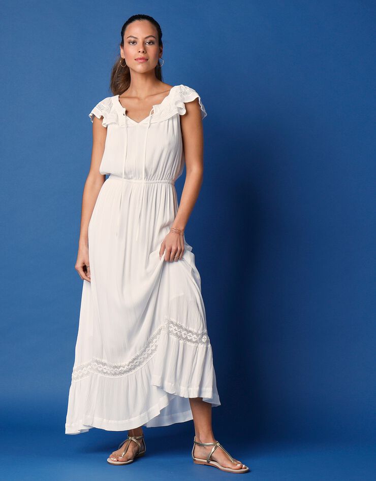Robe longue à encolure volantée (blanc)