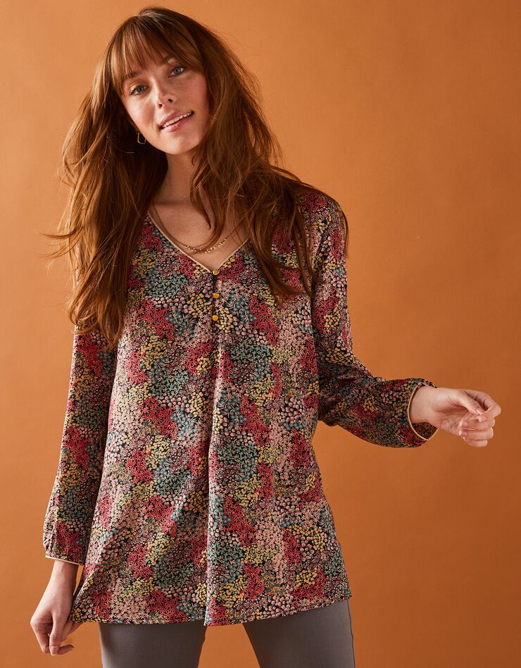 Blouse évasée détails dorés imprimé fleurs (bois de rose / rose) Blouse évasée détails dorés imprimé fleurs (bois de rose / rose)