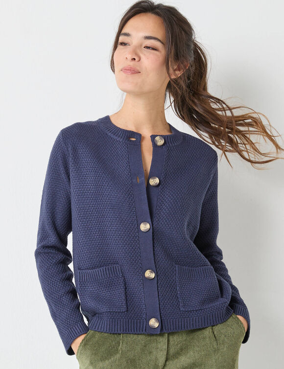 Gilet boutonn&eacute; manches longues, maille fantaisie (marine)