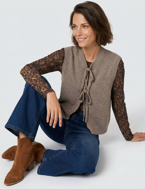 Gilet oversize &agrave; nouettes, sans manches (taupe chin&eacute;)