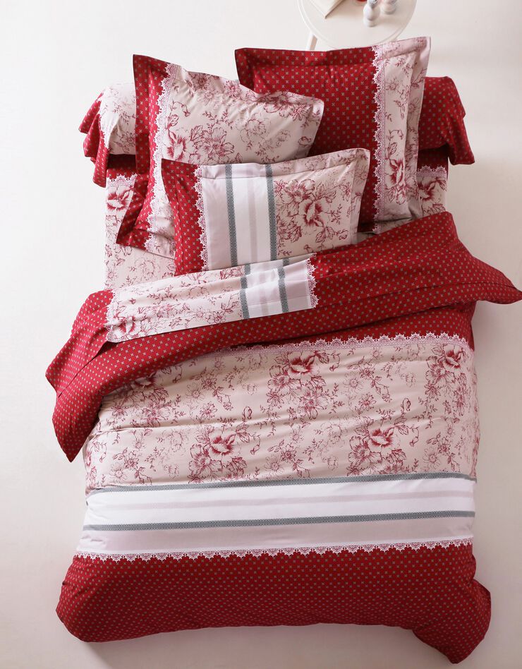 Linge de lit Gabrielle en flanelle imprimé fleurs et dentelle (rouge)