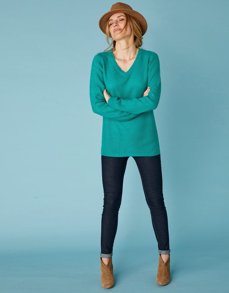 Pull tunique col V maille ajourée toucher mohair (vert) Pull tunique col V maille ajourée toucher mohair (vert)