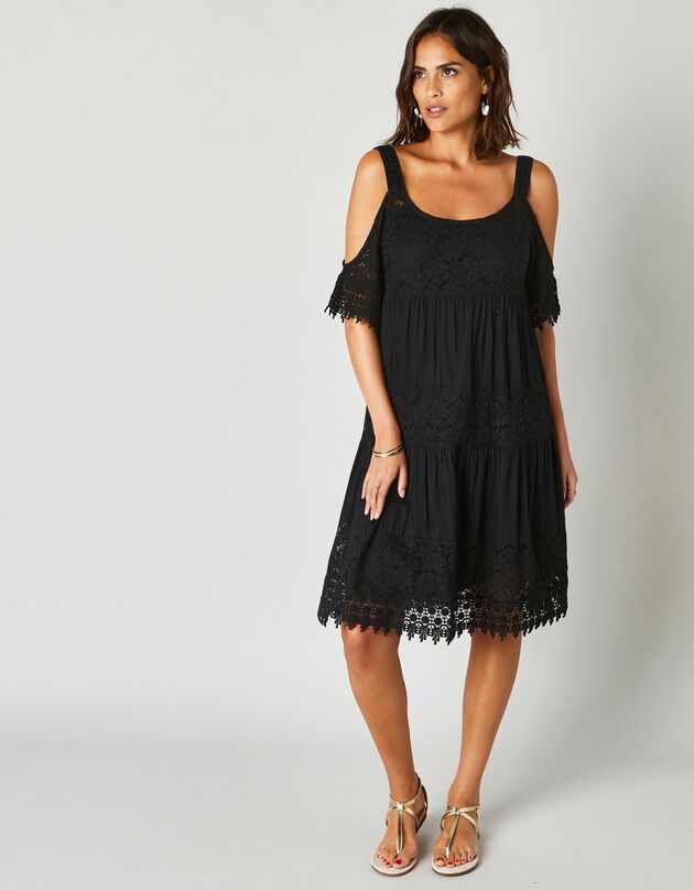 Robe dentelle macramé épaules dénudées (noir)