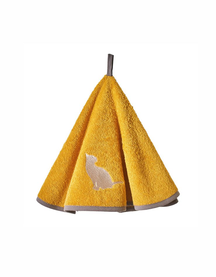 Torchons ronds éponge brodée chat - lot de 2 (moutarde)