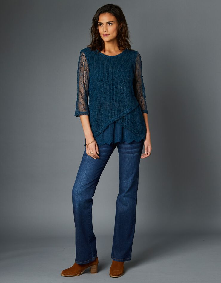 Pull fantaisie effet 2en1 manches 3/4 (bleu canard) Pull fantaisie effet 2en1 manches 3/4 (bleu canard)