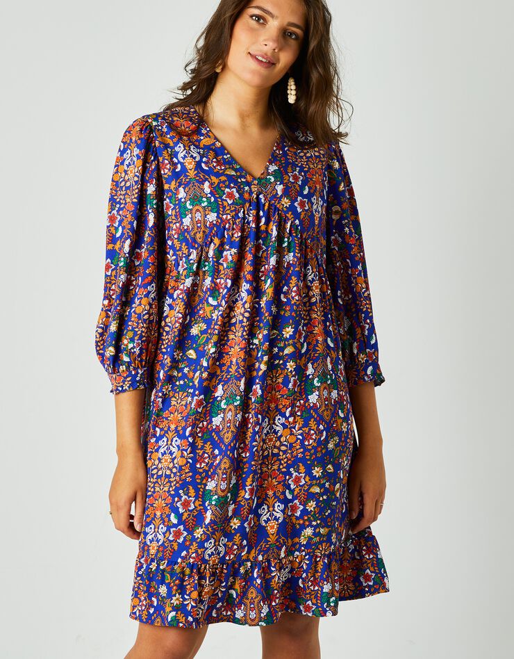 Robe housse manches 3/4 imprimée, crêpe (bleu / orange)