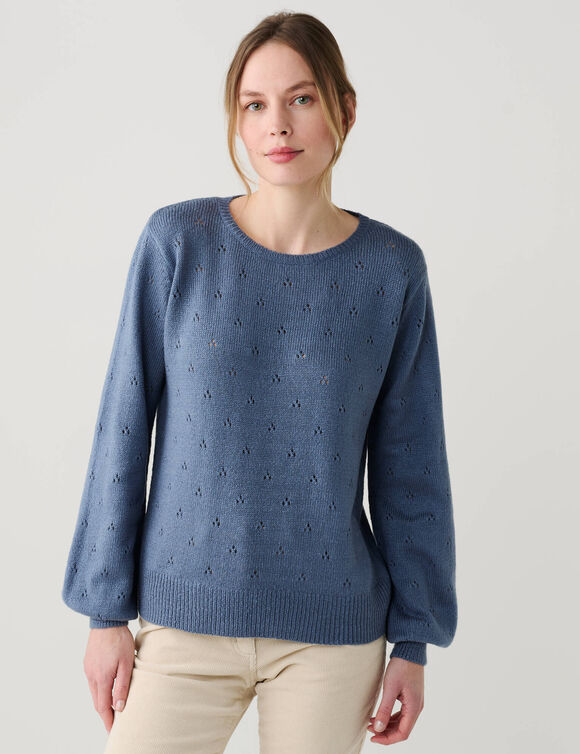Pull col rond, maille pointelle toucher doux (bleu denim)