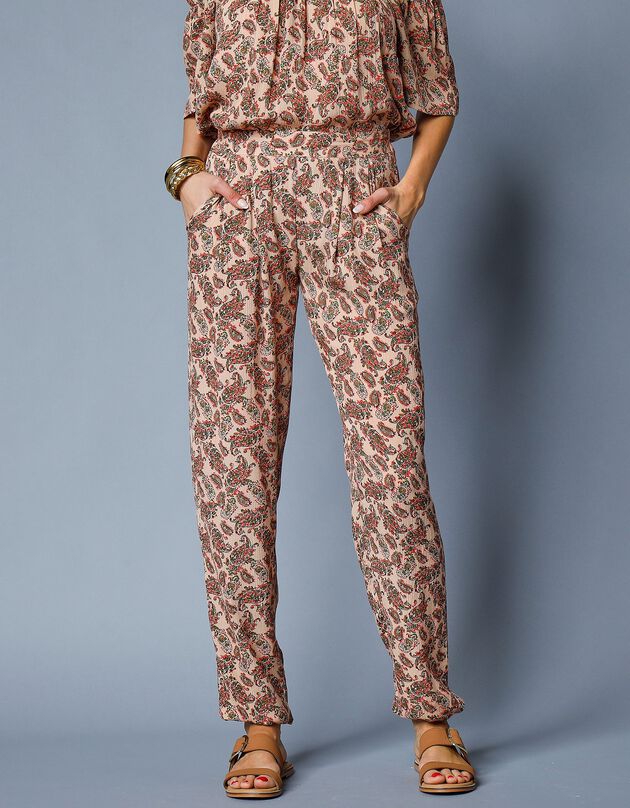 Pantalon droit crépon imprimé (beige)