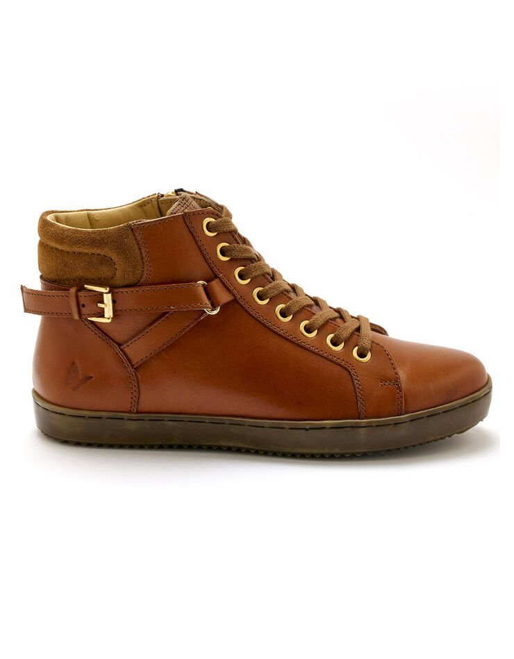 Baskets montantes zippées à lacets largeur confort en cuir (marron)