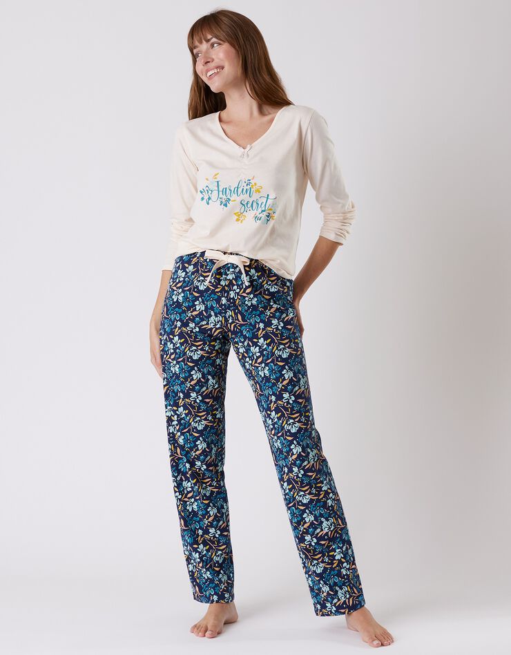 Tee-shirt pyjama manches longues imprimé placé "jardin secret" (écru)