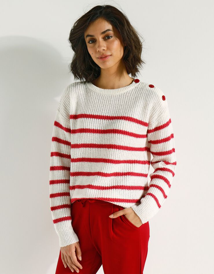 Pull rayé manches longues épaule boutonnée (écru / tomette) Pull rayé manches longues épaule boutonnée (écru / tomette)