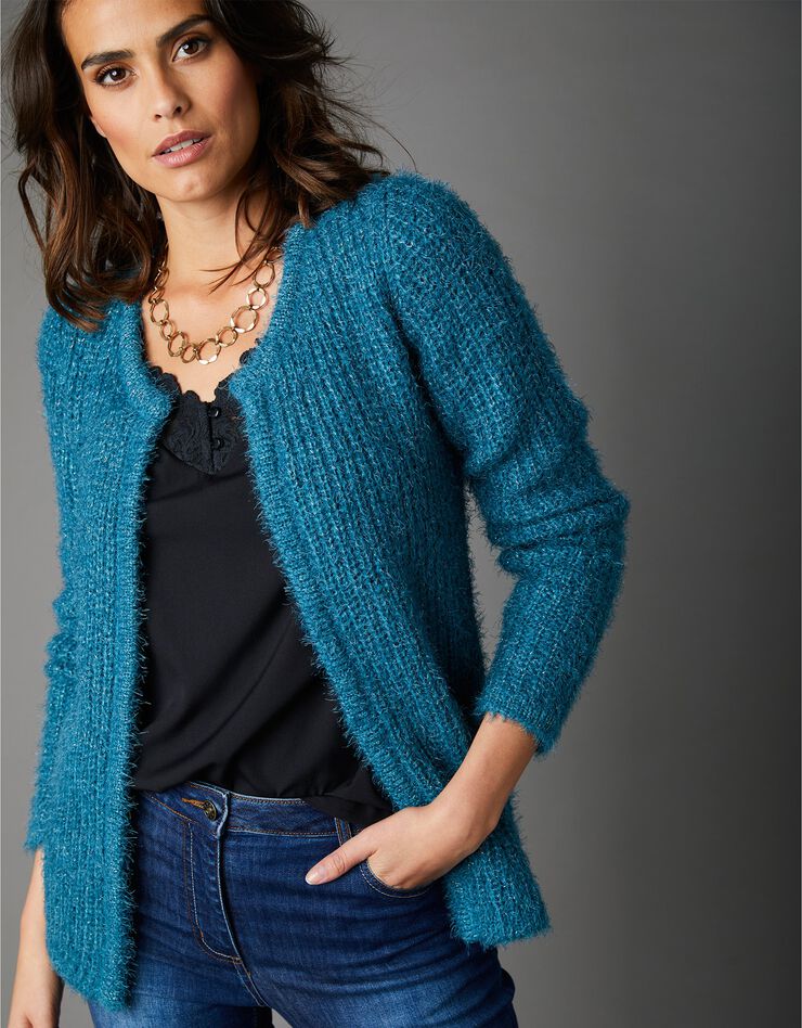 Gilet forme paletot en maille perlée (bleu) Gilet forme paletot en maille perlée (bleu)