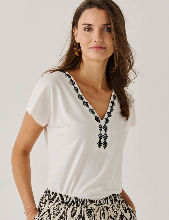 T-shirt brod&eacute; col V fantaisie  (&eacute;cru / noir)