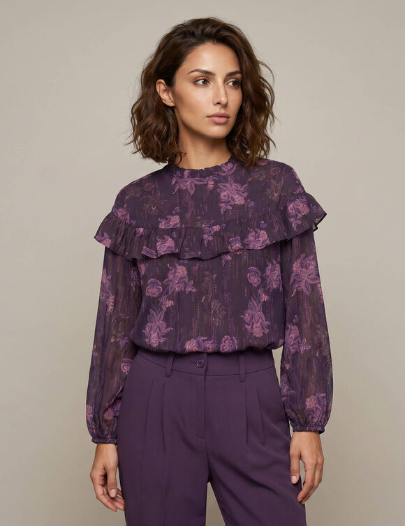 Blouse volant&eacute;e col montant, manches longues, voile imprim&eacute; fleurs (violet)
