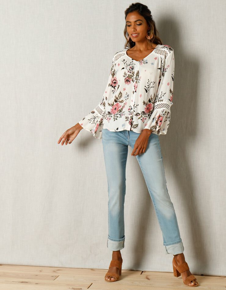 Blouse imprimée détails macramé (écru / rose) Blouse imprimée détails macramé (écru / rose)