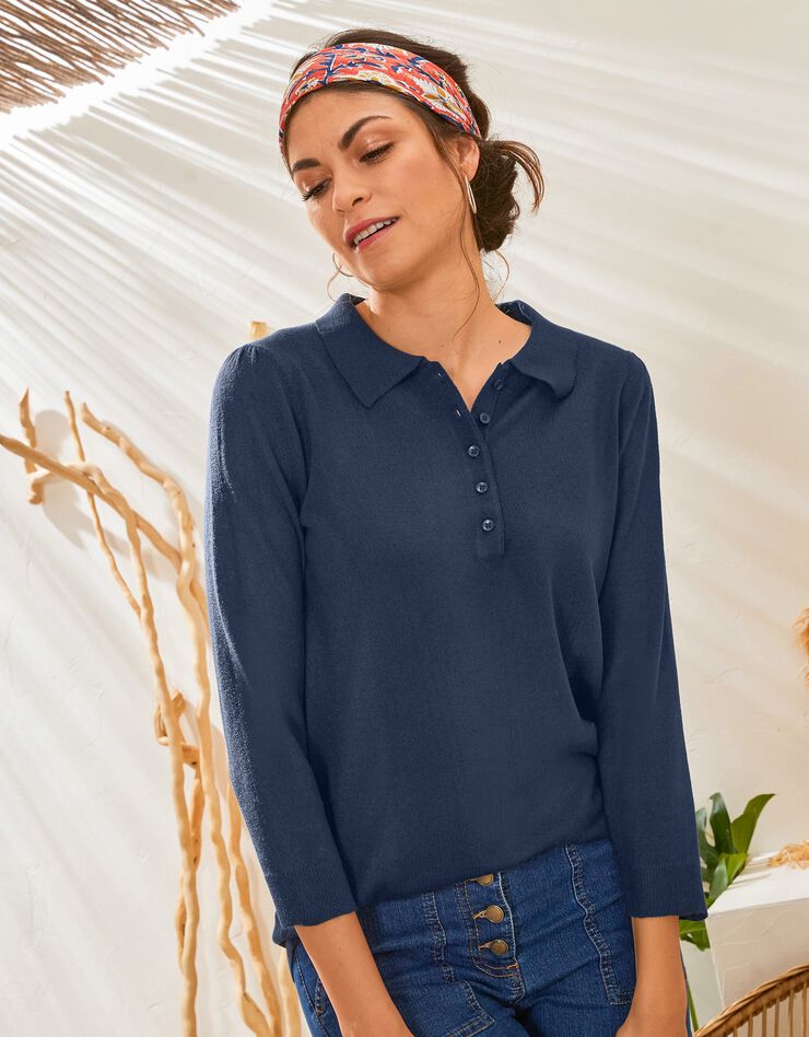 Pull col polo manches 3/4, toucher cachemire (marine) Pull col polo manches 3/4, toucher cachemire (marine)