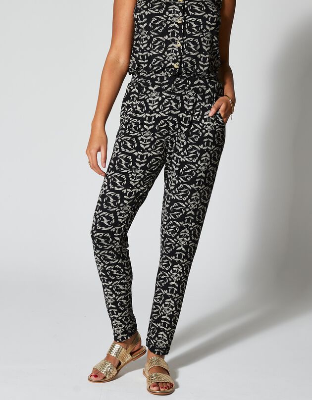 Pantalon fuselé taille élastiquée maille fluide imprimée (noir / écru)