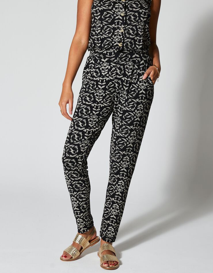 Pantalon fuselé taille élastiquée maille fluide imprimée (noir / écru)