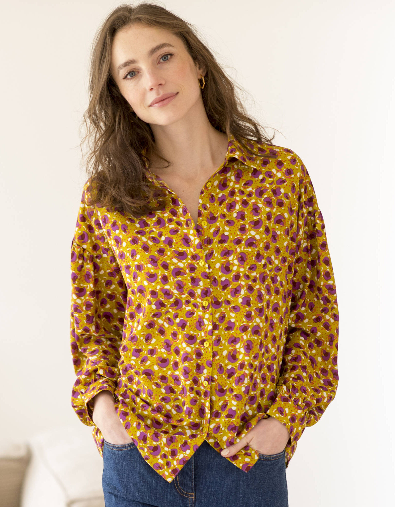 Chemisier Femme En Coton Marron - Taille 40/42, Marque AM PM, Occasion Comme Neuf - Col Rond, Manches Longues