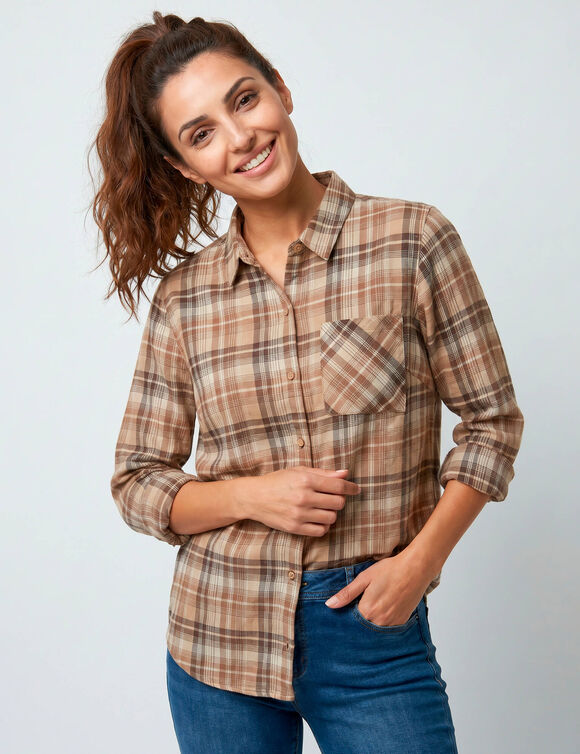 Chemise flanelle &agrave; carreaux (beige / chocolat)