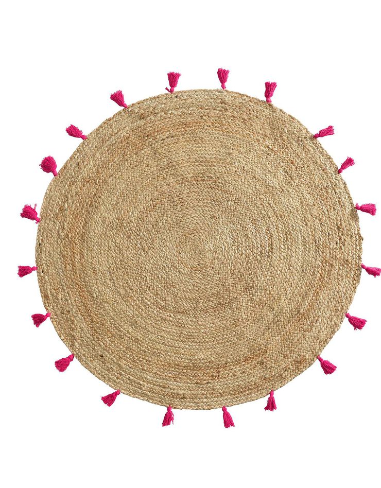 Tapis rond en jute avec pompons de couleur (framboise)