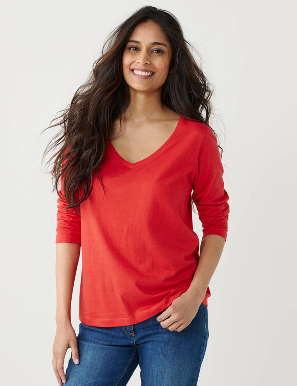 T-shirt col V manches longues (rouge)