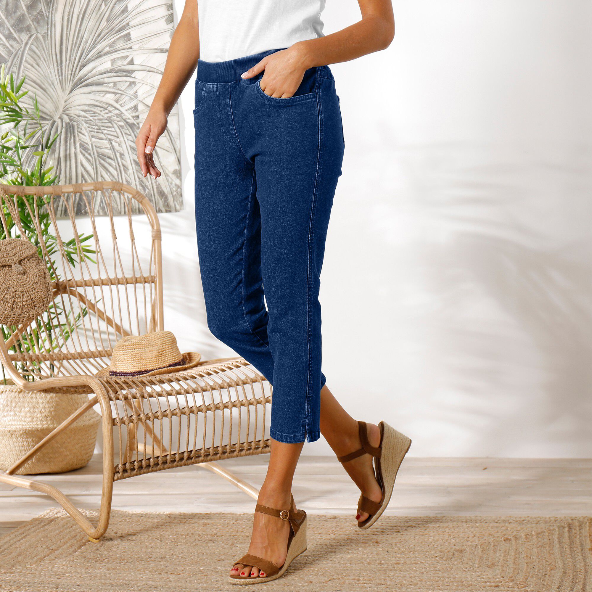 Pantacourt Femme Jegging Jeans Léger 5 Poche Taille Haute Extensible Confortable