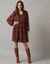 Robe courte manches amples, voile imprimé (bordeaux)